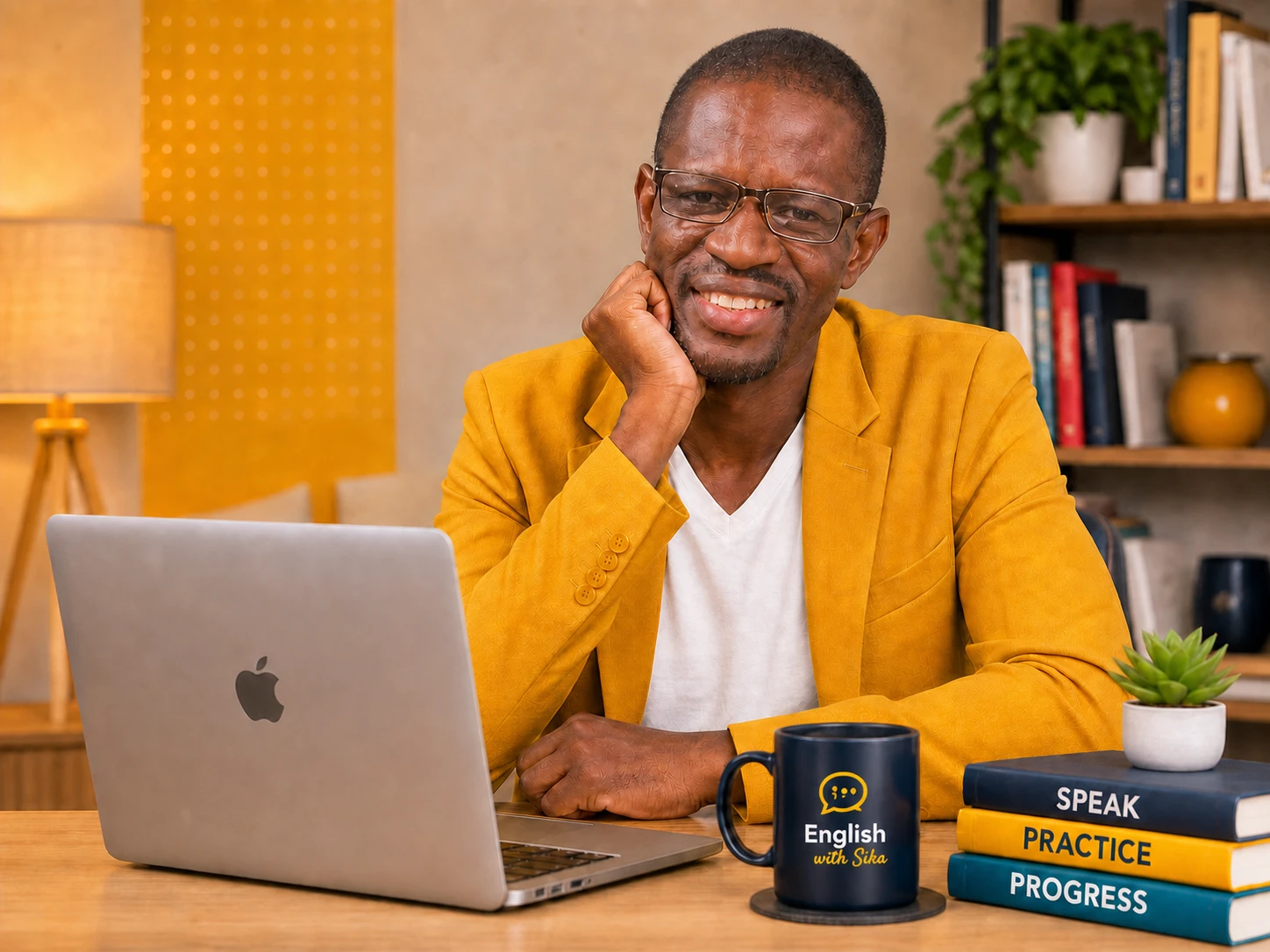 Coach Sika at his desk with a computer, books and an English With Sika mug