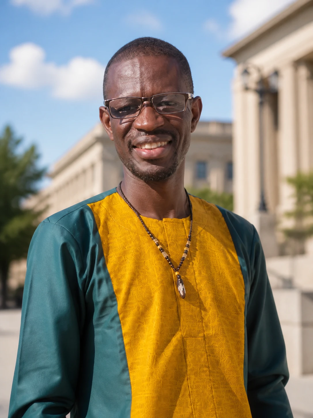 Portrait of Coach Sika in a yellow and green outfit