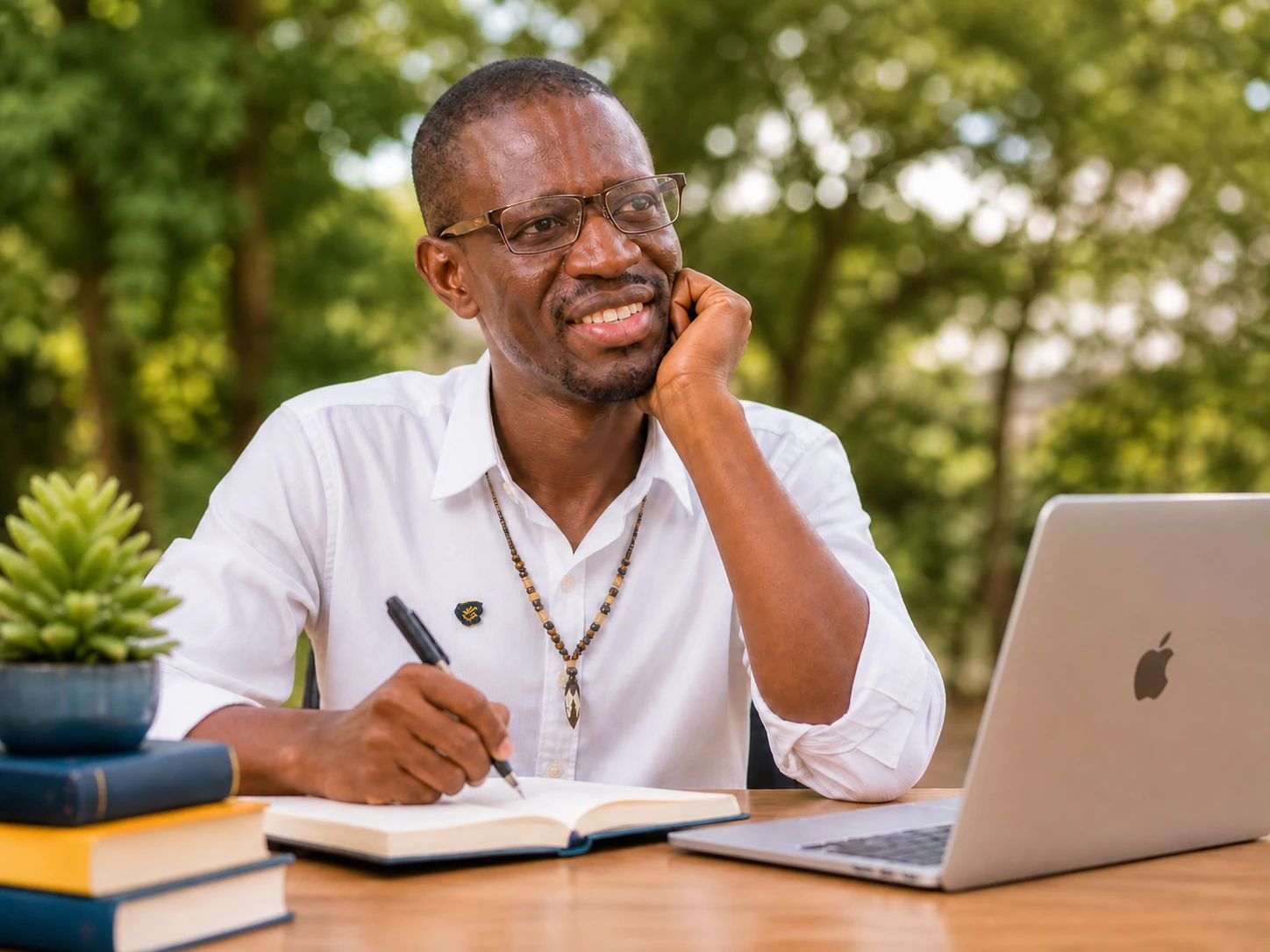 Coach Sika writing in a notebook beside his computer