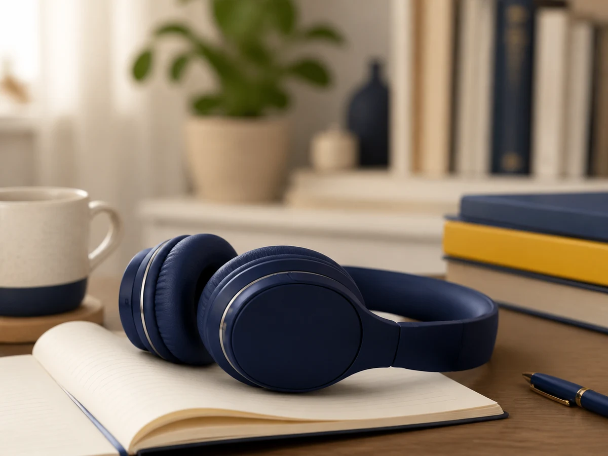 Headphones resting on an English learning notebook